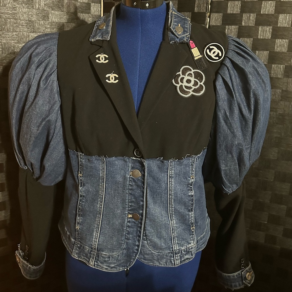 Custom Denim and Black Puff Sleeve Jacket